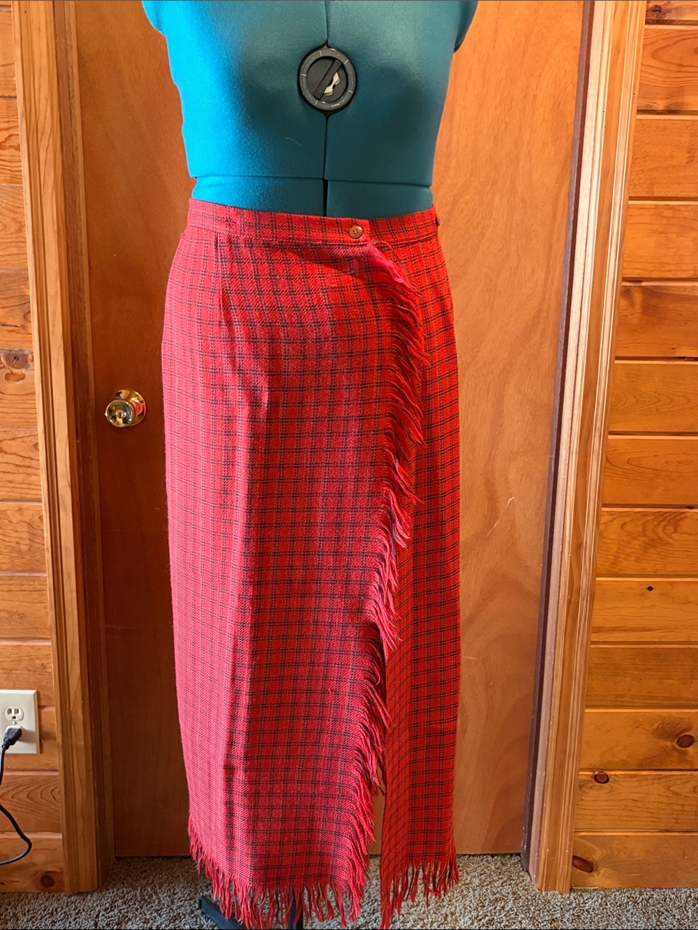 Ralph Lauren Red Plaid Fringe Wrap Maxi Skirt - Women size 8 - wool